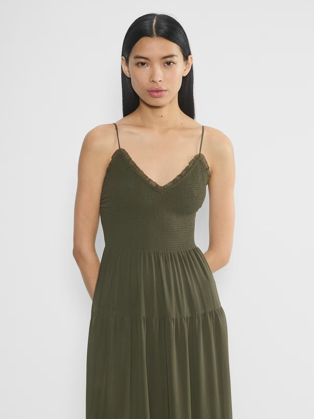 Olive V-neck tiered midi chiffon dress, smocked bodice and spaghetti straps