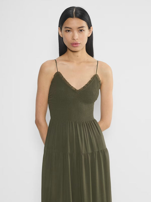 Olive V-neck tiered midi chiffon dress, smocked bodice and spaghetti straps