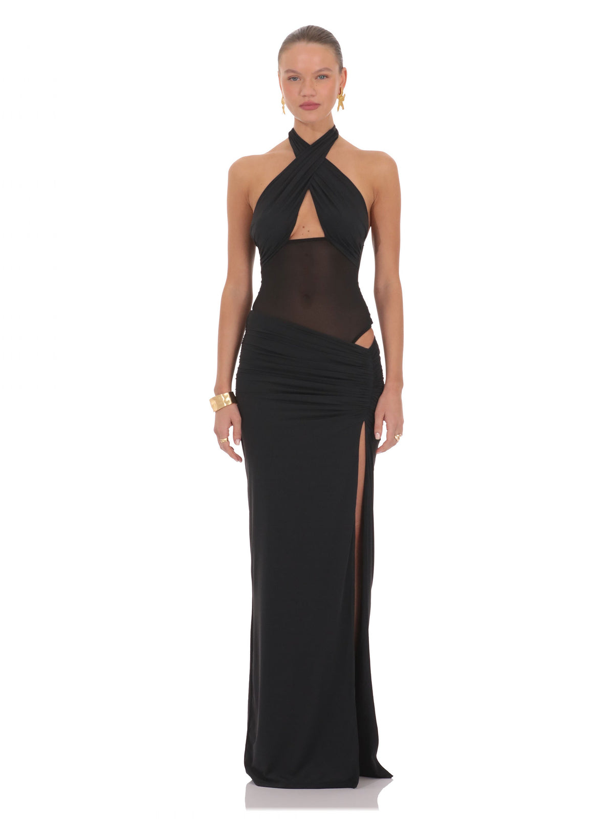 Black bridesmaid dress with halter neck neckline
