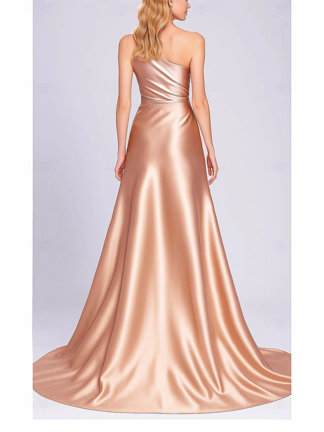 One-shoulder satin mermaid formal dress, blush pink, back view with flowing skirt