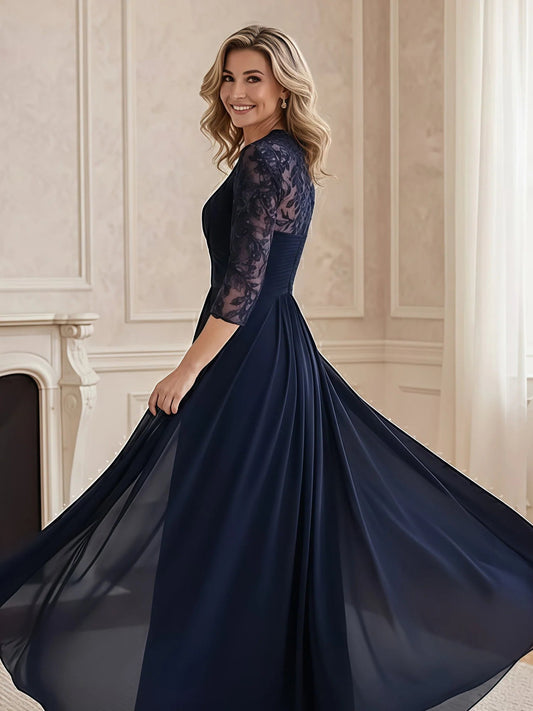 Dark navy V-neck A-line formal dress with lace three-quarter sleeves, side hem flare