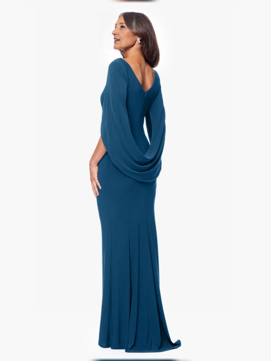 Teal off-shoulder mermaid dress with draped back detail, floor length