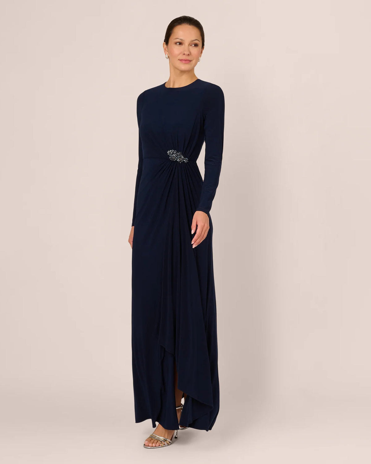 Midnight blue A-line maxi mother-of-the-bride dress with long sleeves and draped skirt