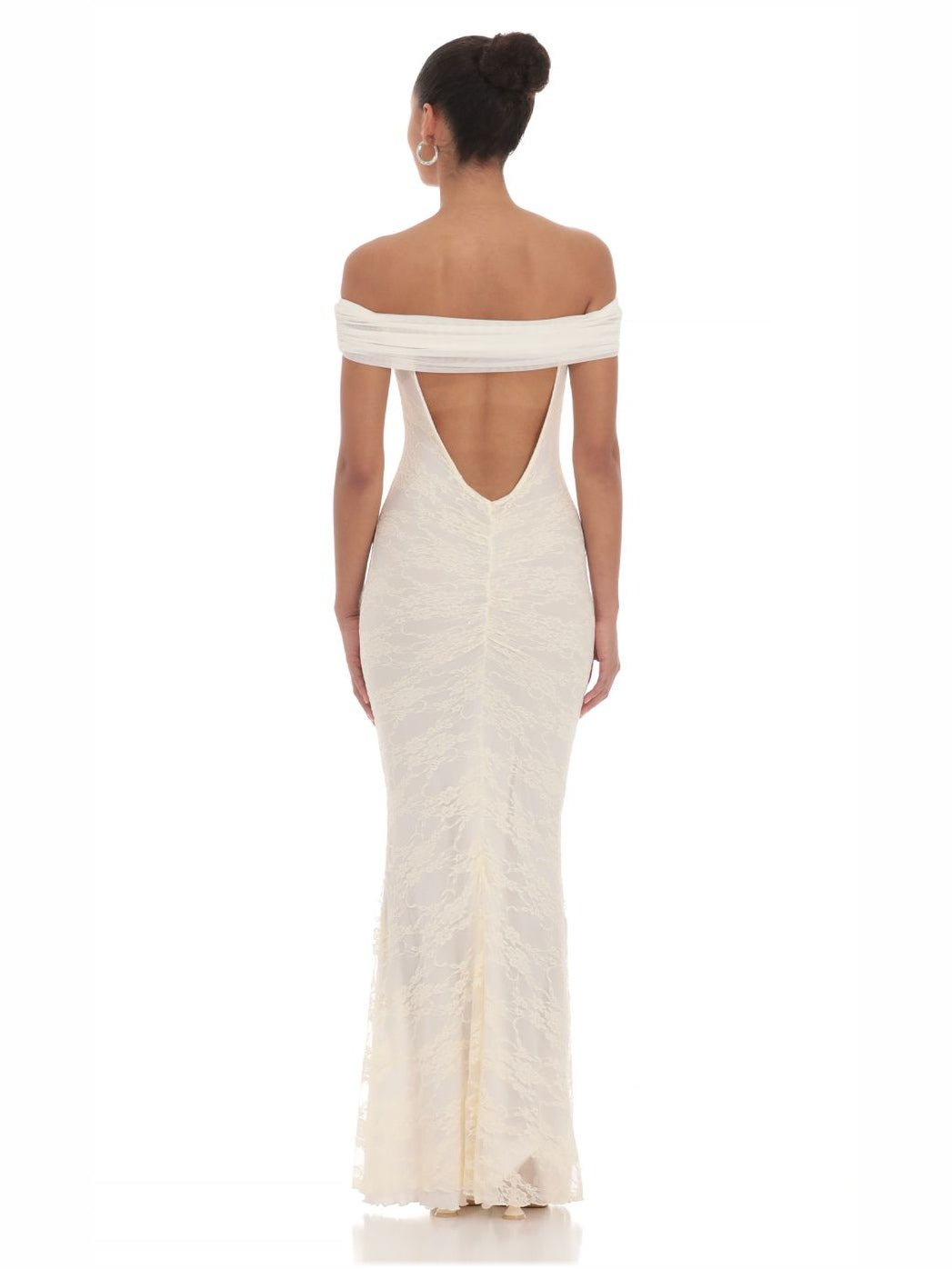 Cream sheath maxi formal dress, full-length back view
