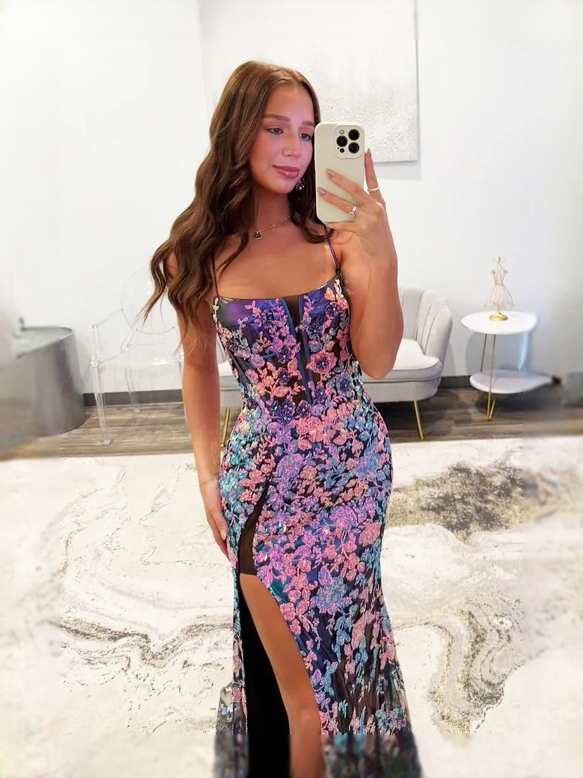 Purple floral mermaid prom dress with black corset bodice, square neck, side slit