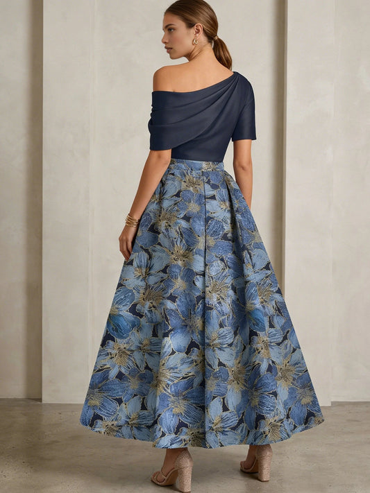 Navy off-shoulder dress with draped neckline and blue floral full A-line skirt