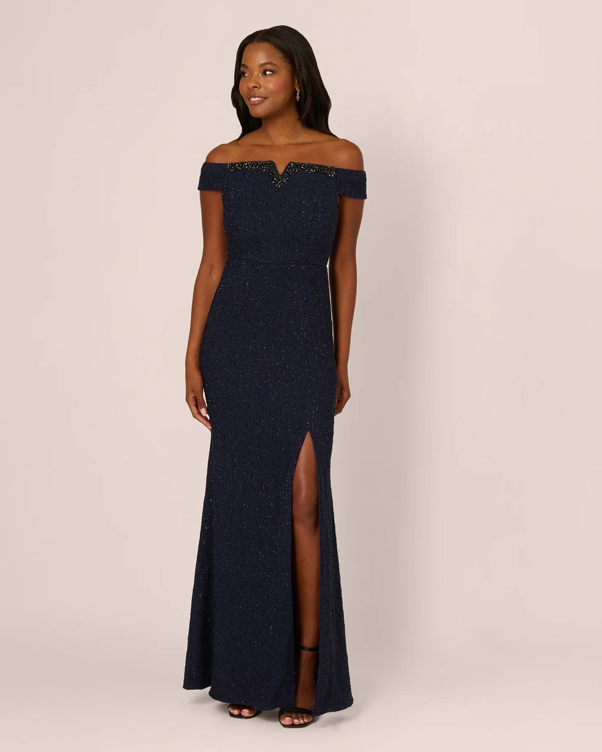Navy off-shoulder A-line maxi dress with beaded bodice and front slit