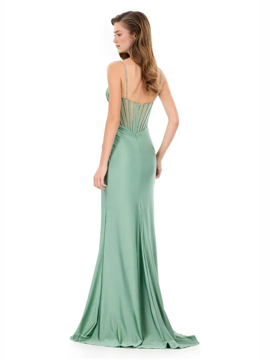 Dusty sage back view sweetheart corset mermaid formal dress with spaghetti straps