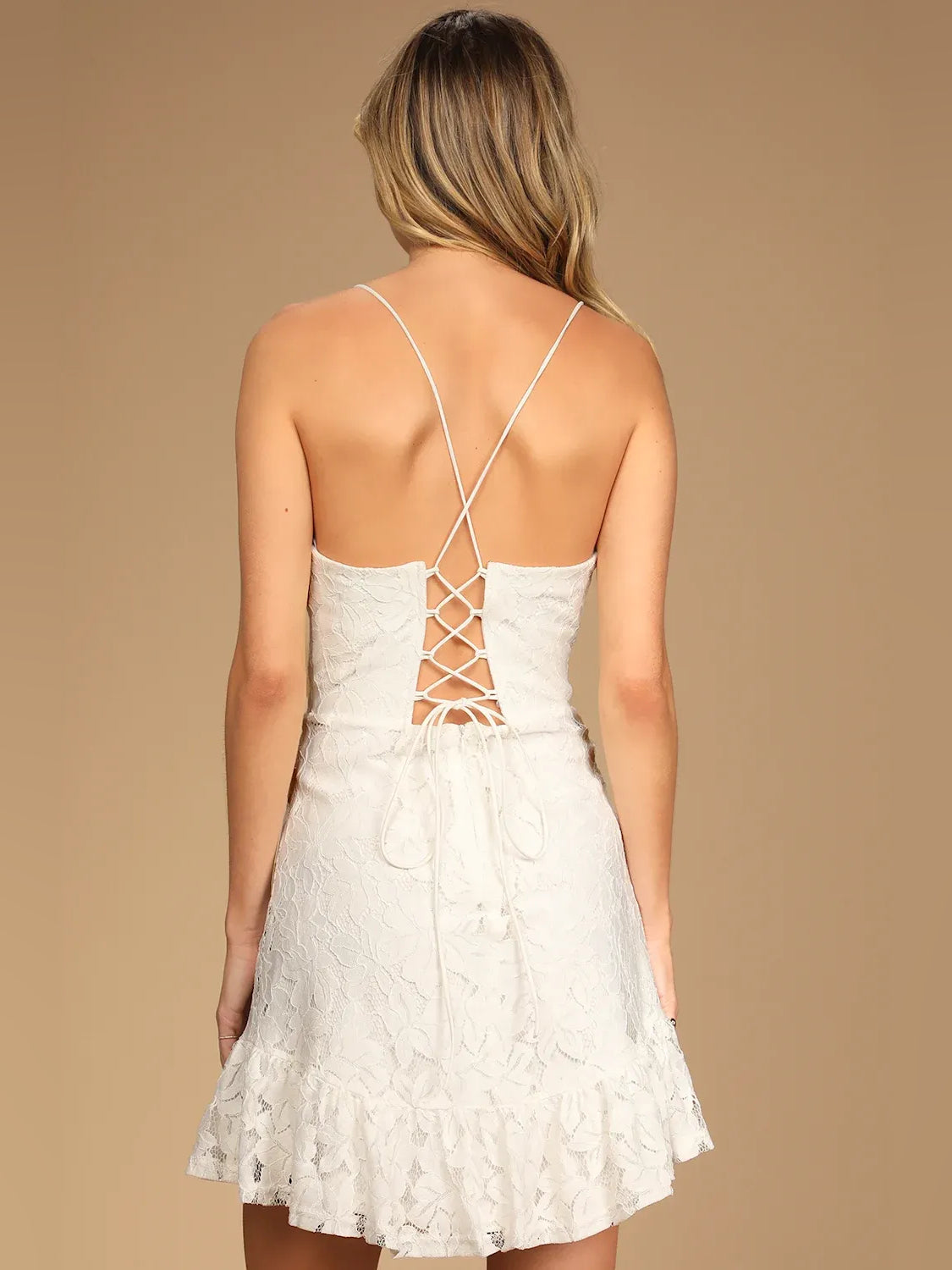 White corset-style V-neck A-line short dress with crisscross lace-up back