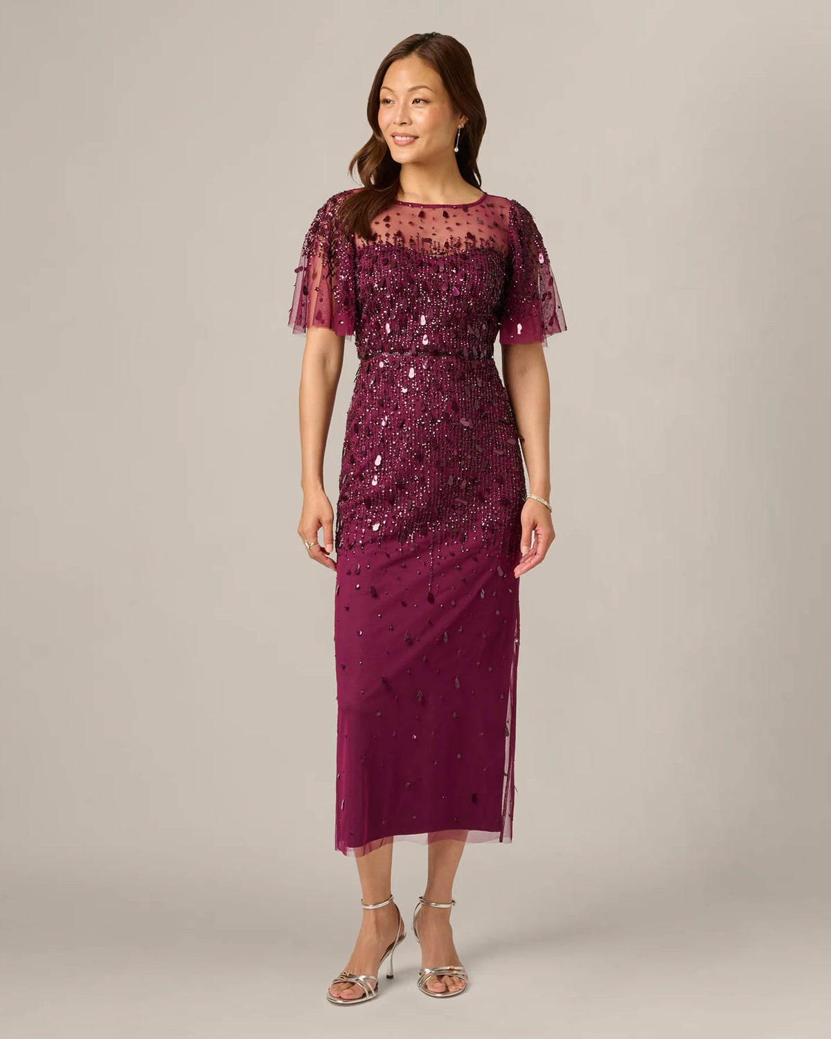 Bordeaux embellished midi A-line mother-of-the-bride dress with flutter sleeves and sequin detail