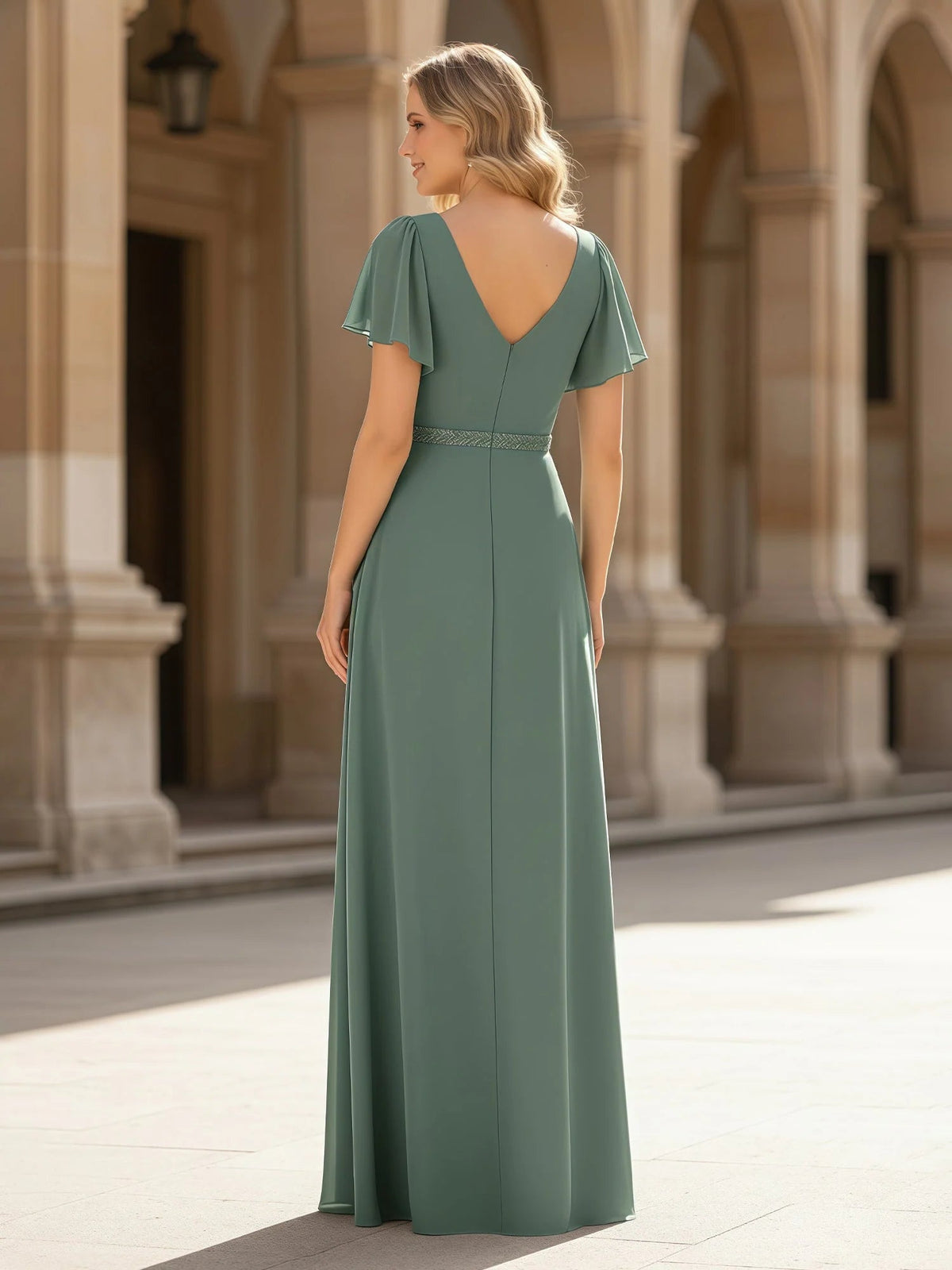 Teal chiffon A-line dress with V-back, flutter sleeves, beaded waist, floor length