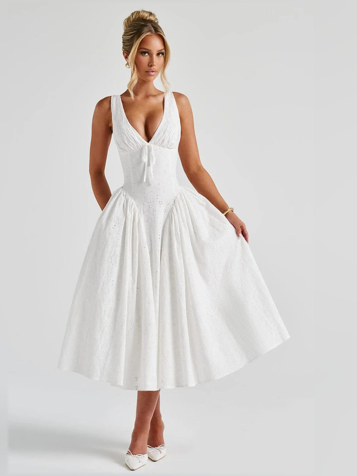 Ivory midi formal dress, sleeveless V-neck with gathered skirt and bow-tie detail