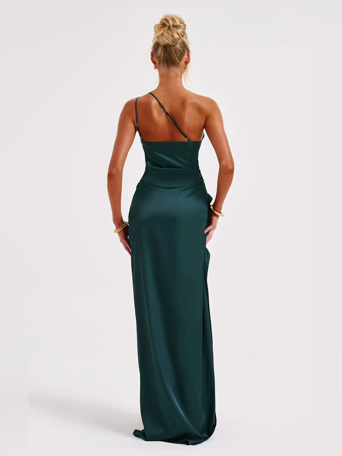 Emerald sheath maxi formal dress with skirt slit, full-length back view