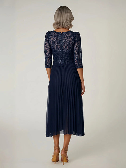 Navy embroidered chiffon midi mermaid dress with round back and pleated skirt