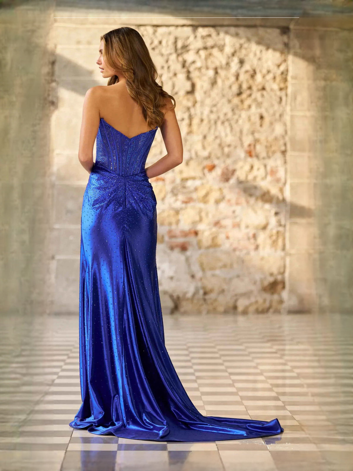 Cobalt blue strapless corset prom dress, mermaid maxi with open back and thigh slit
