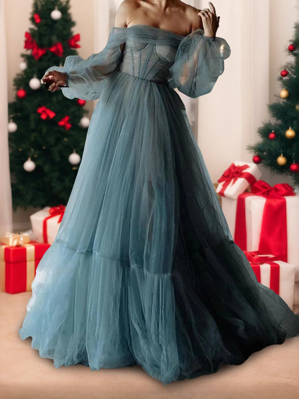 Dusty blue tiered sweetheart A-line tulle prom dress with layered skirt and off-shoulder