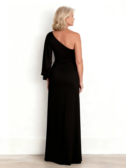 Black one-shoulder floor-length sheath dress, one-shoulder back view