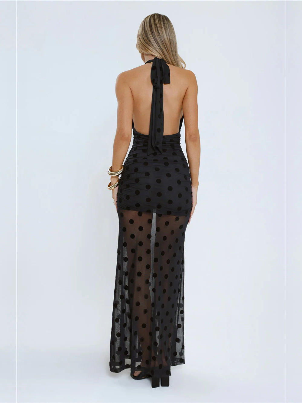 Black sheath maxi formal dress with printed pattern, full-length back view