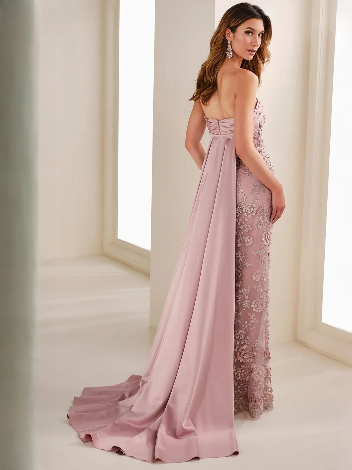 Dusty rose strapless lace bodice mermaid formal dress with flowing skirt and train