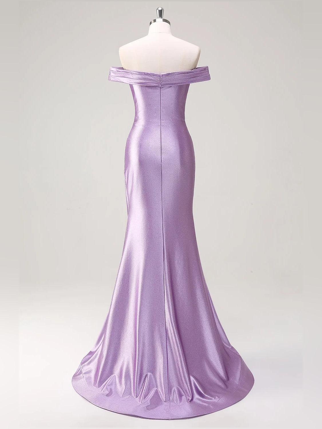 Lavender satin off-shoulder mermaid gown with ruched waist seams, floor length