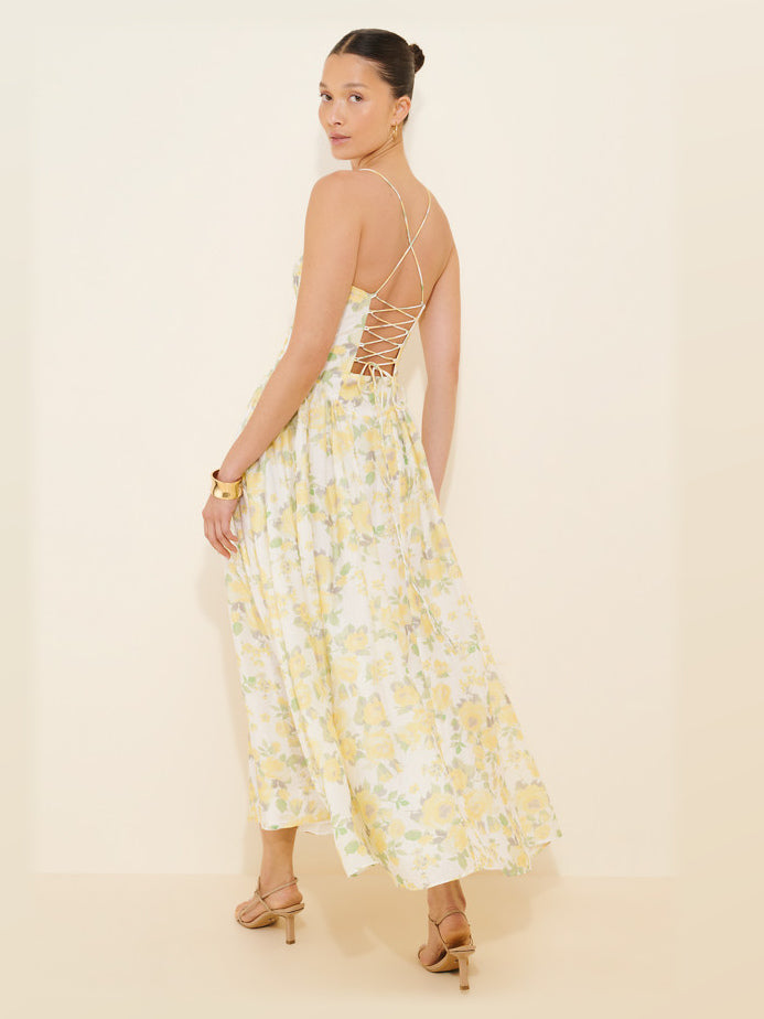 Yellow Floral Print midi formal dress, back full-length view showing the bodice