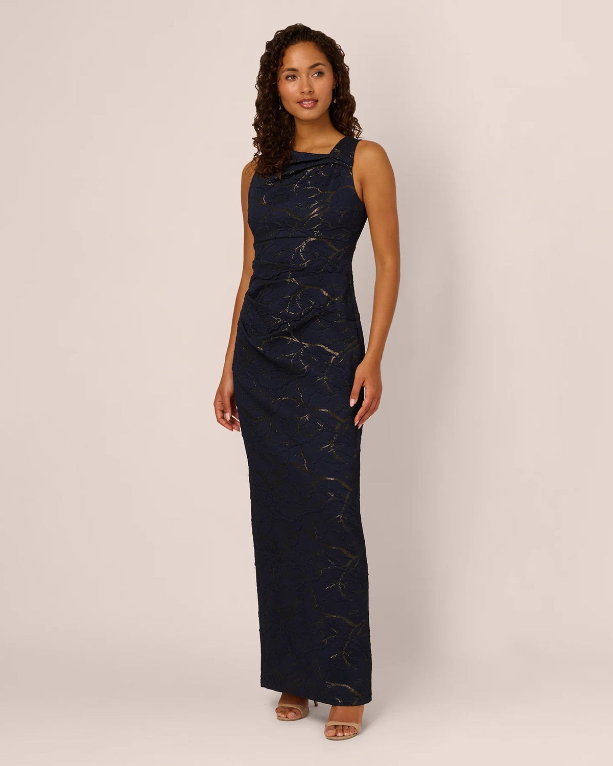 Navy sleeveless sheath maxi dress with gold abstract print and round neckline