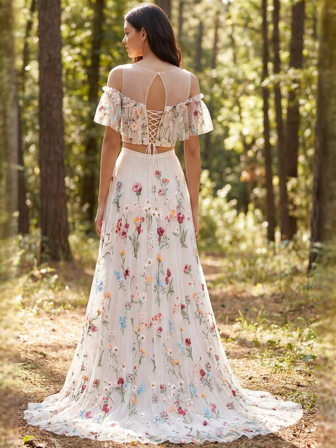 Ivory floral A-line maxi dress with off-shoulder ruffle back and lace-up corset detailing