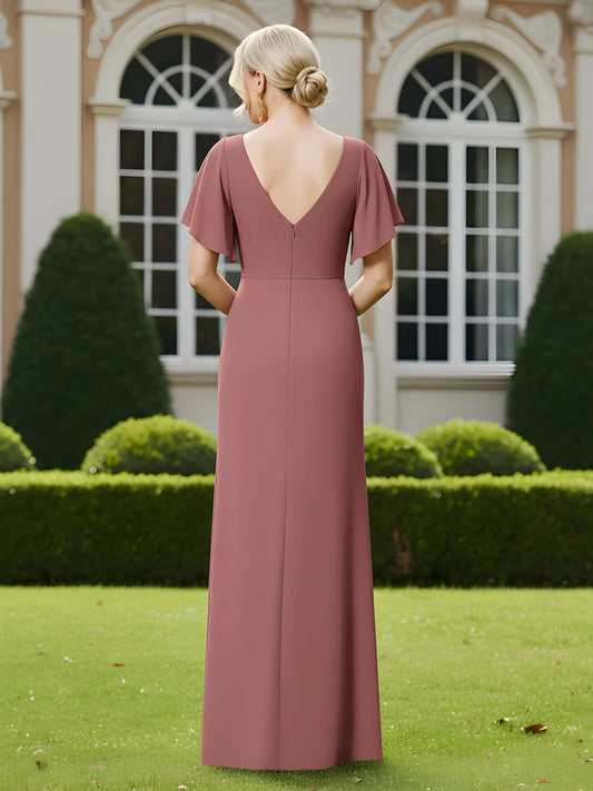 Rose-gold backless V-back ruched sheath dress with short draped sleeves, floor-length