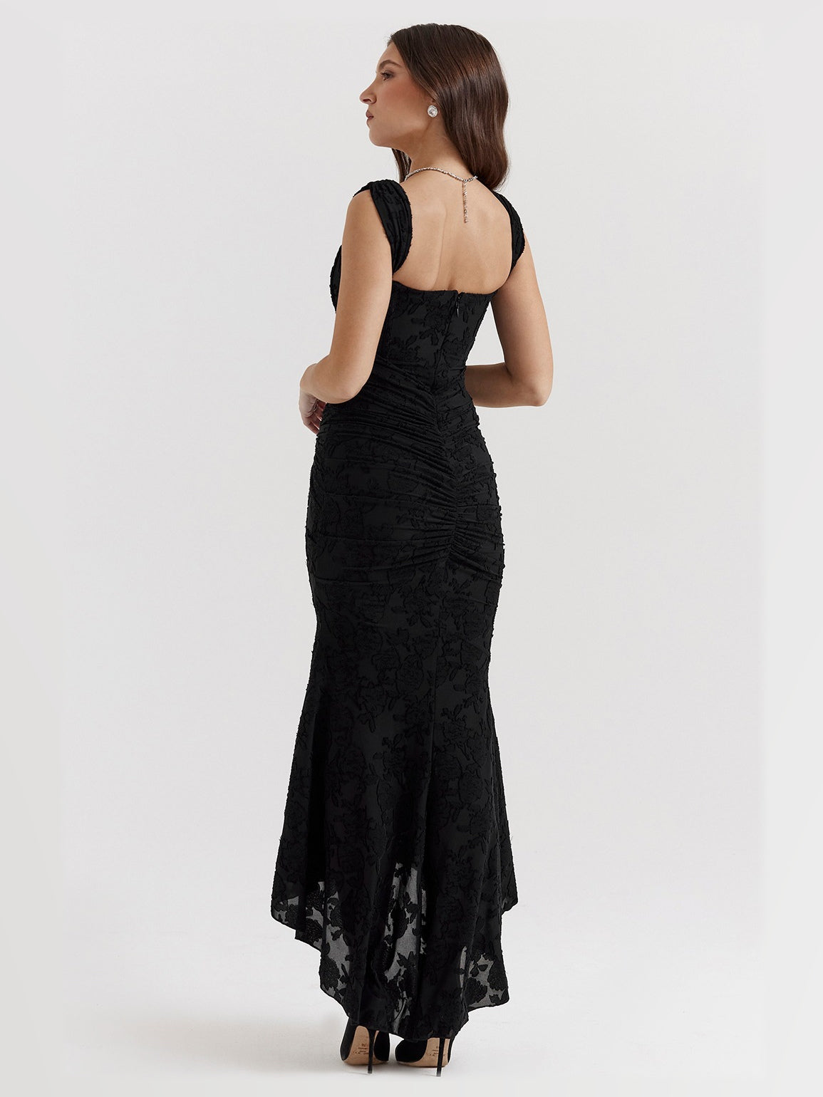 Black Floral maxi formal dress, back full-length view showing the bodice