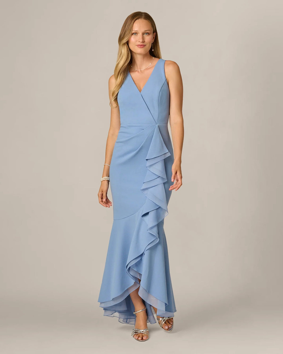 Blue spaghetti-strap A-line maxi mother-of-the-bride dress with ruffled front
