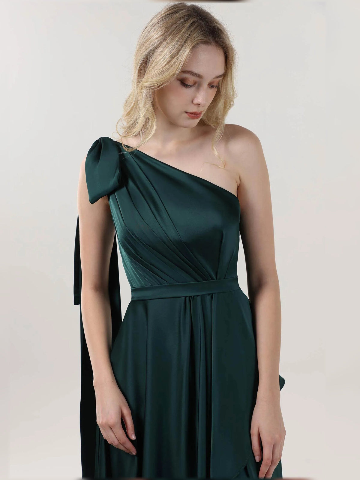 One-shoulder A-line formal dress in teal with gathered drape and side slit