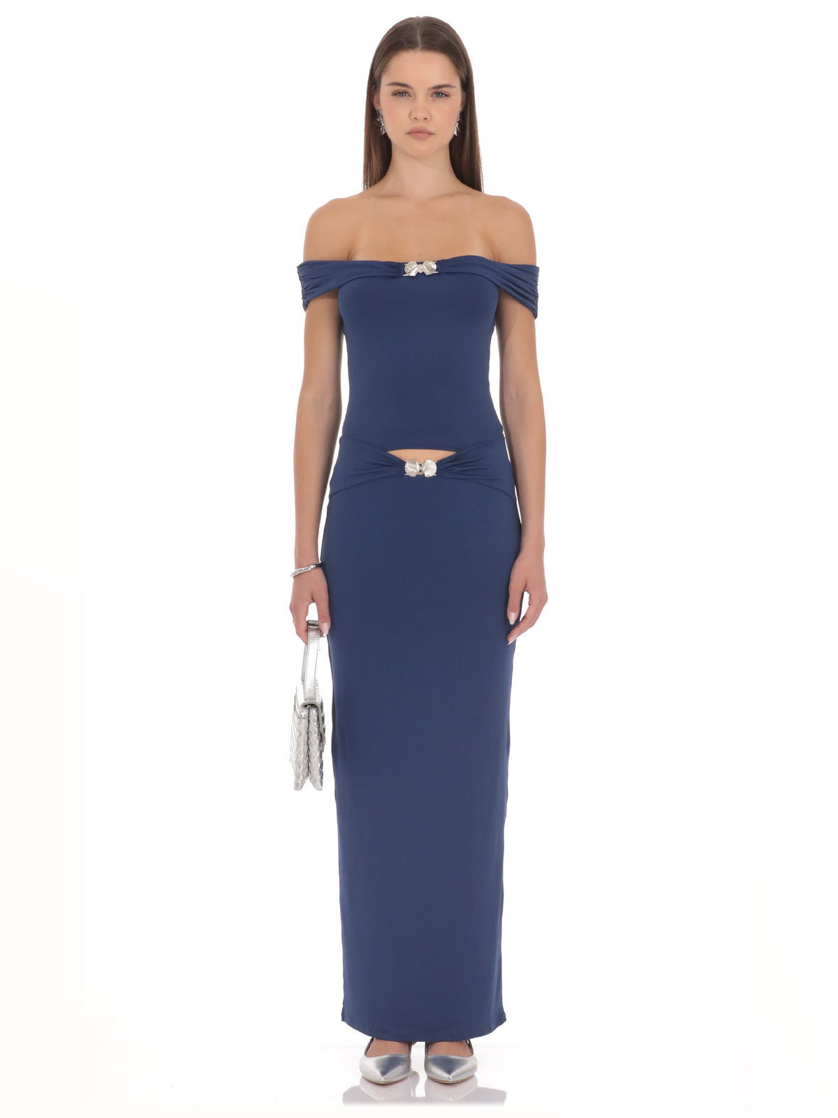 Blue bridesmaid dress with a-line silhouette