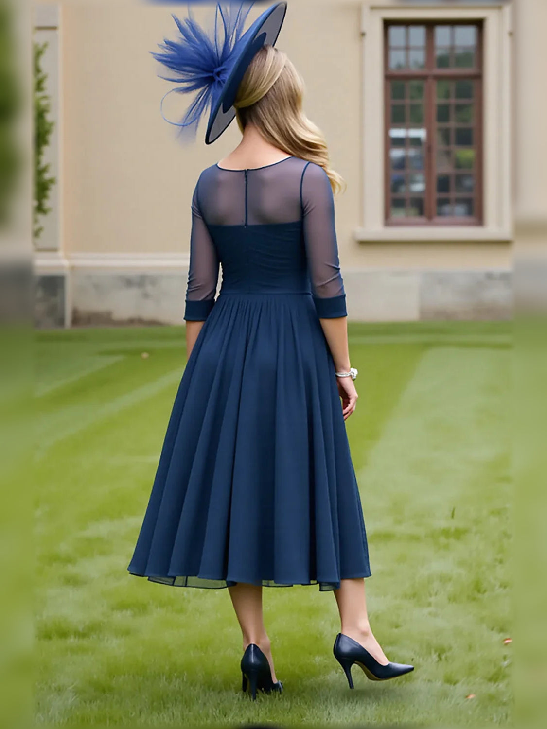 Navy A-line midi gown with illusion back, sheer sleeves, gathered skirt