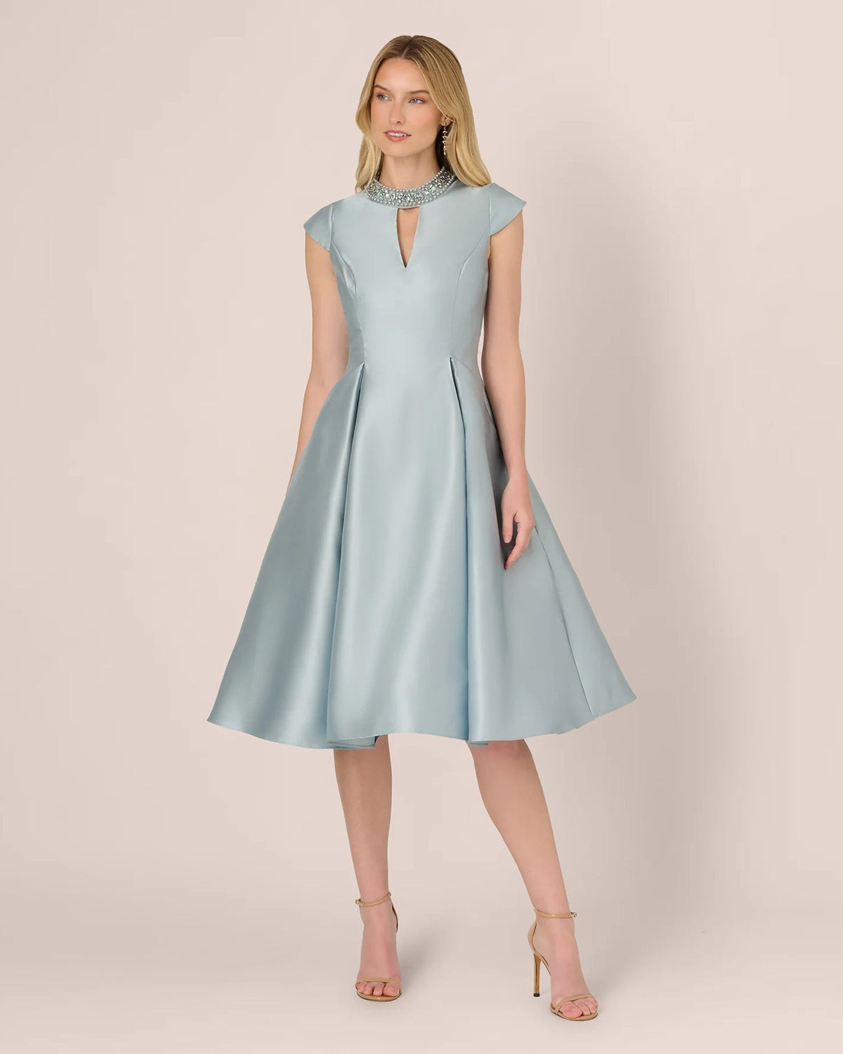 Pale blue cap-sleeve A-line midi dress, full front view
