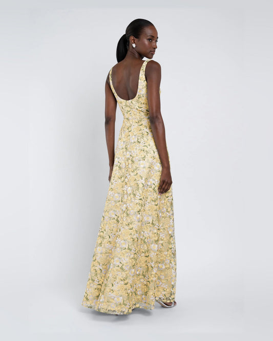 Yellow A-line maxi formal dress, side view, spaghetti straps, floral print