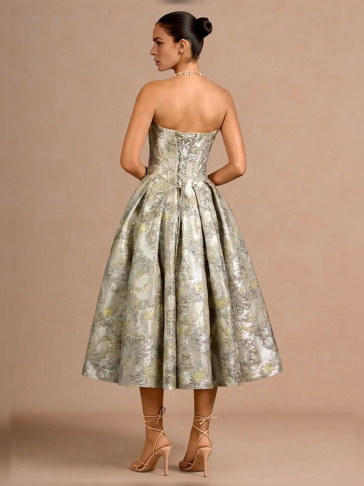 Backless sweetheart corset tea-length formal dress with lace-up detailing, metallic brocade
