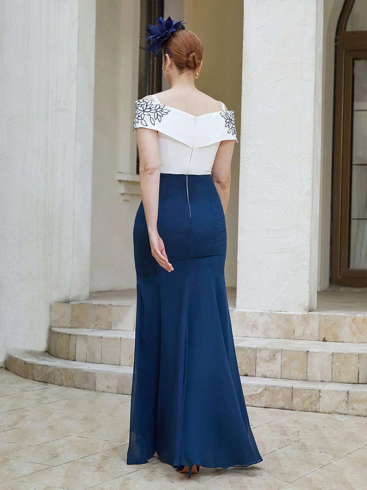 Navy off-shoulder mermaid formal dress with embroidered cap sleeves, back view