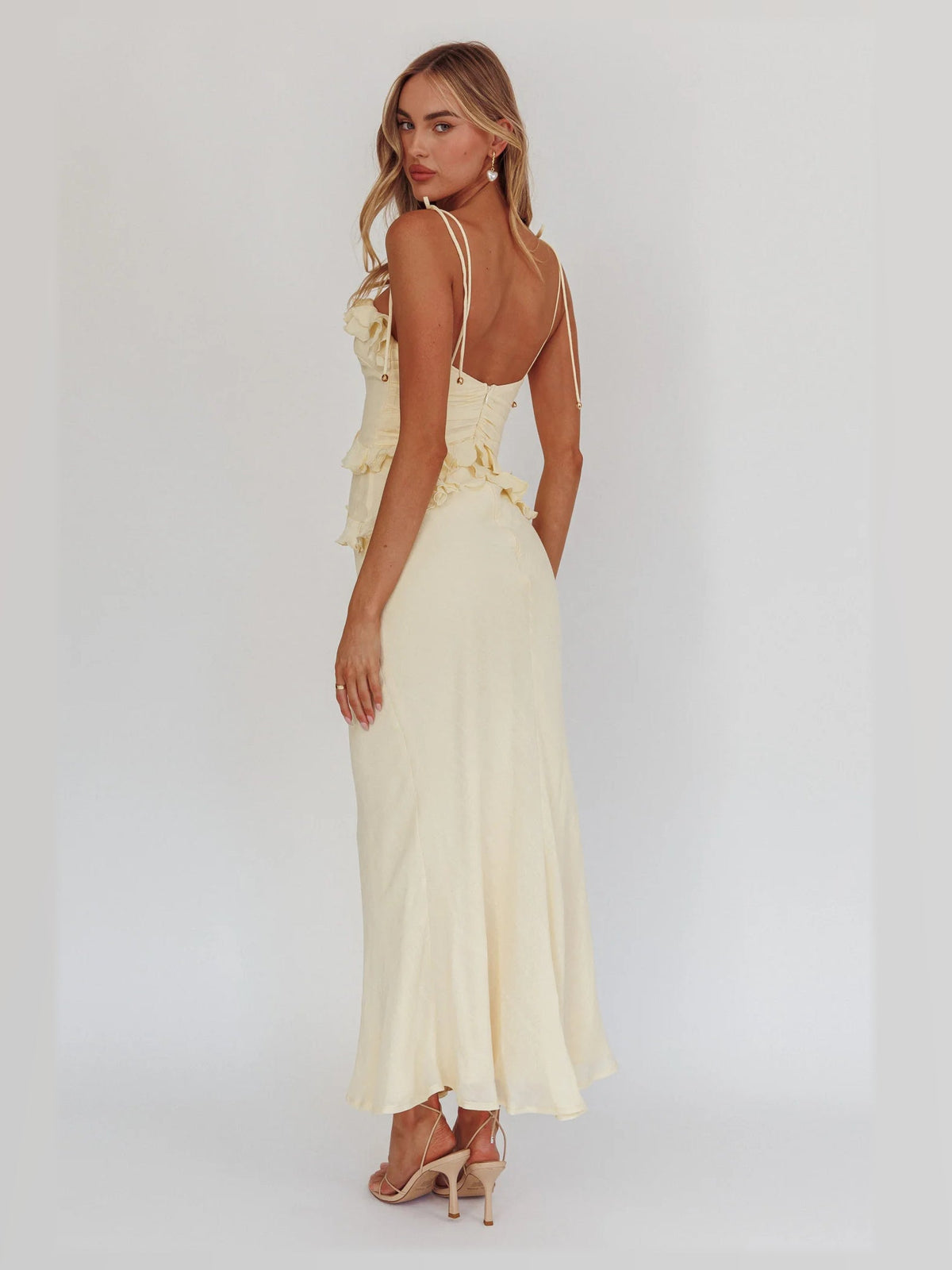 Yellow maxi formal dress, back full-length view showing the bodice
