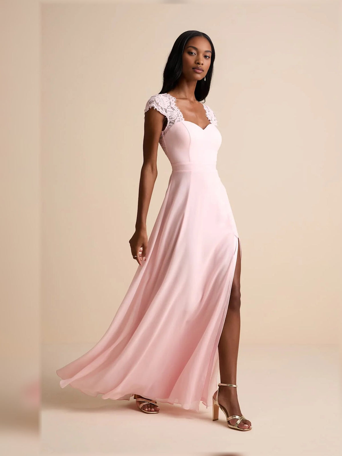 Blush pink A-line maxi bridesmaid dress with lace cap sleeves and front slit