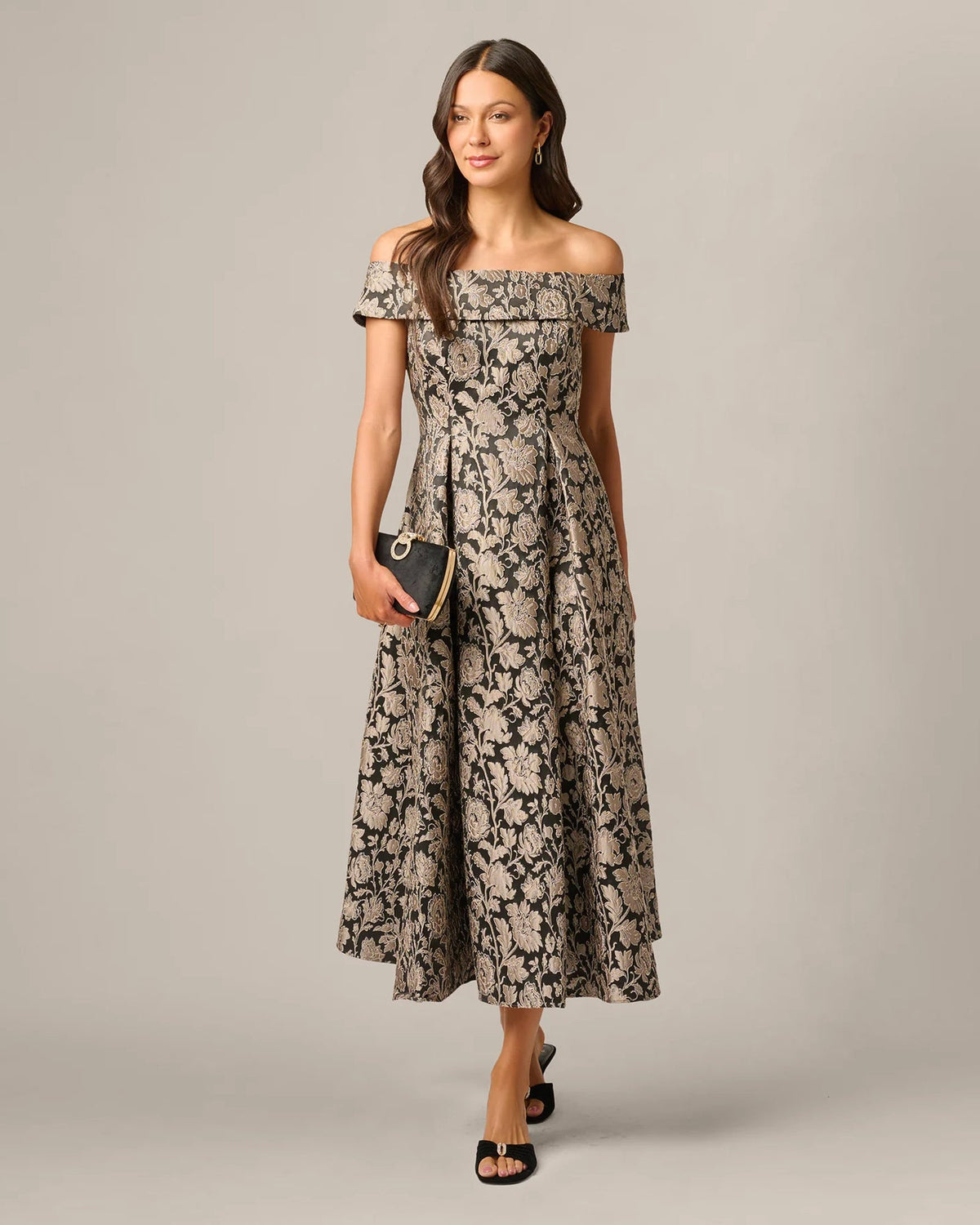 Off-shoulder A-line maxi dress with black-and-taupe floral print, short sleeves