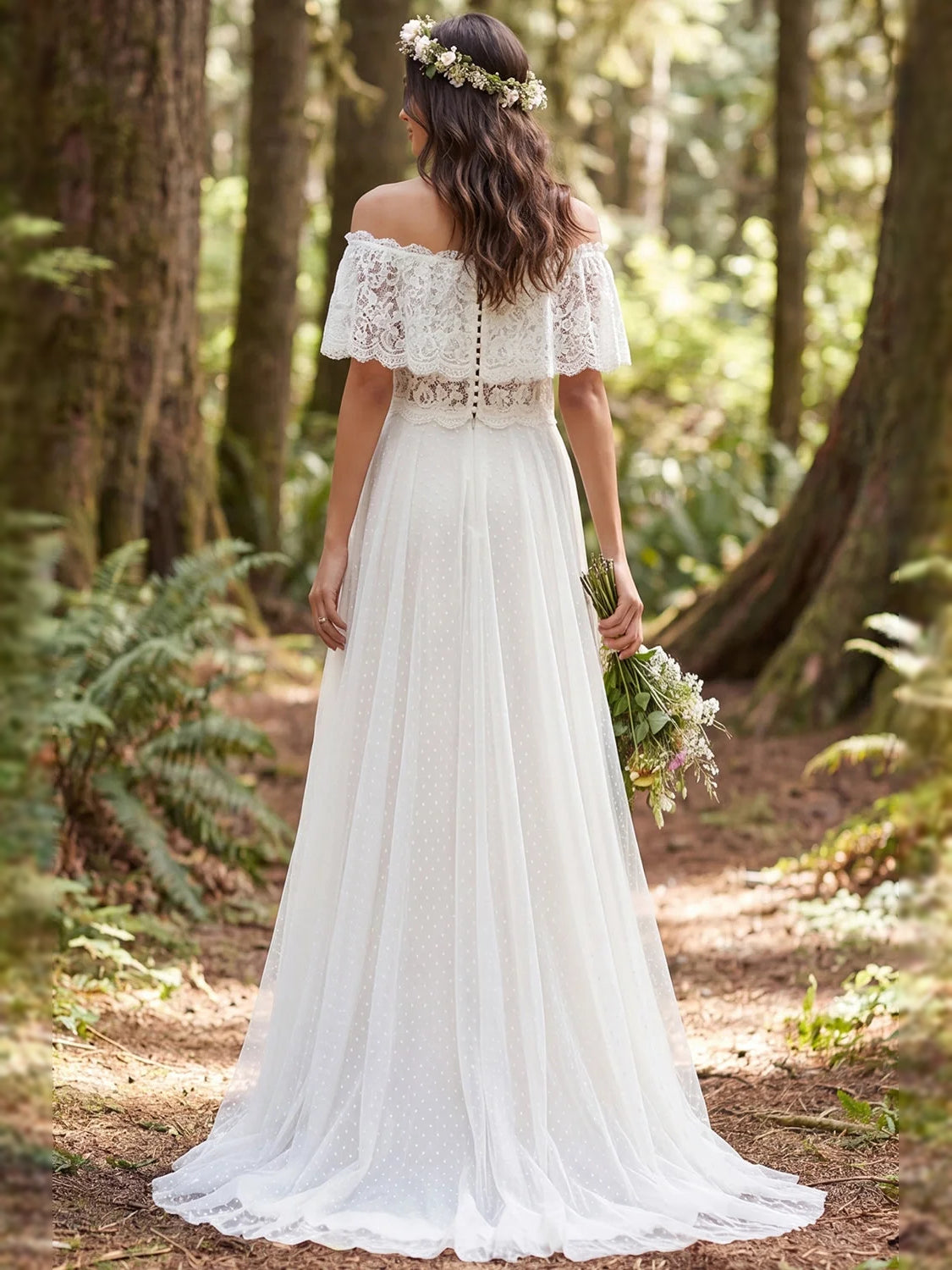 Ivory off-shoulder lace A-line wedding dress with floor-length tulle skirt, back view