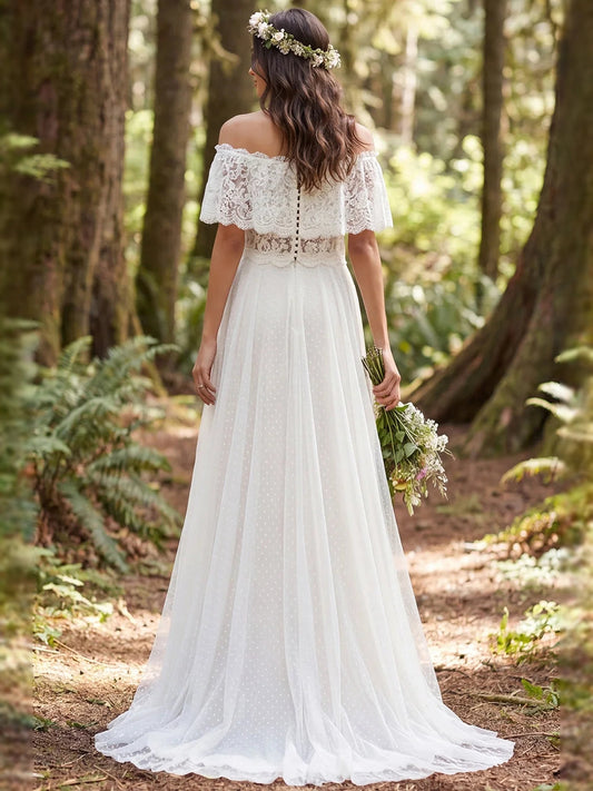 Ivory off-shoulder lace A-line wedding dress with floor-length tulle skirt, back view