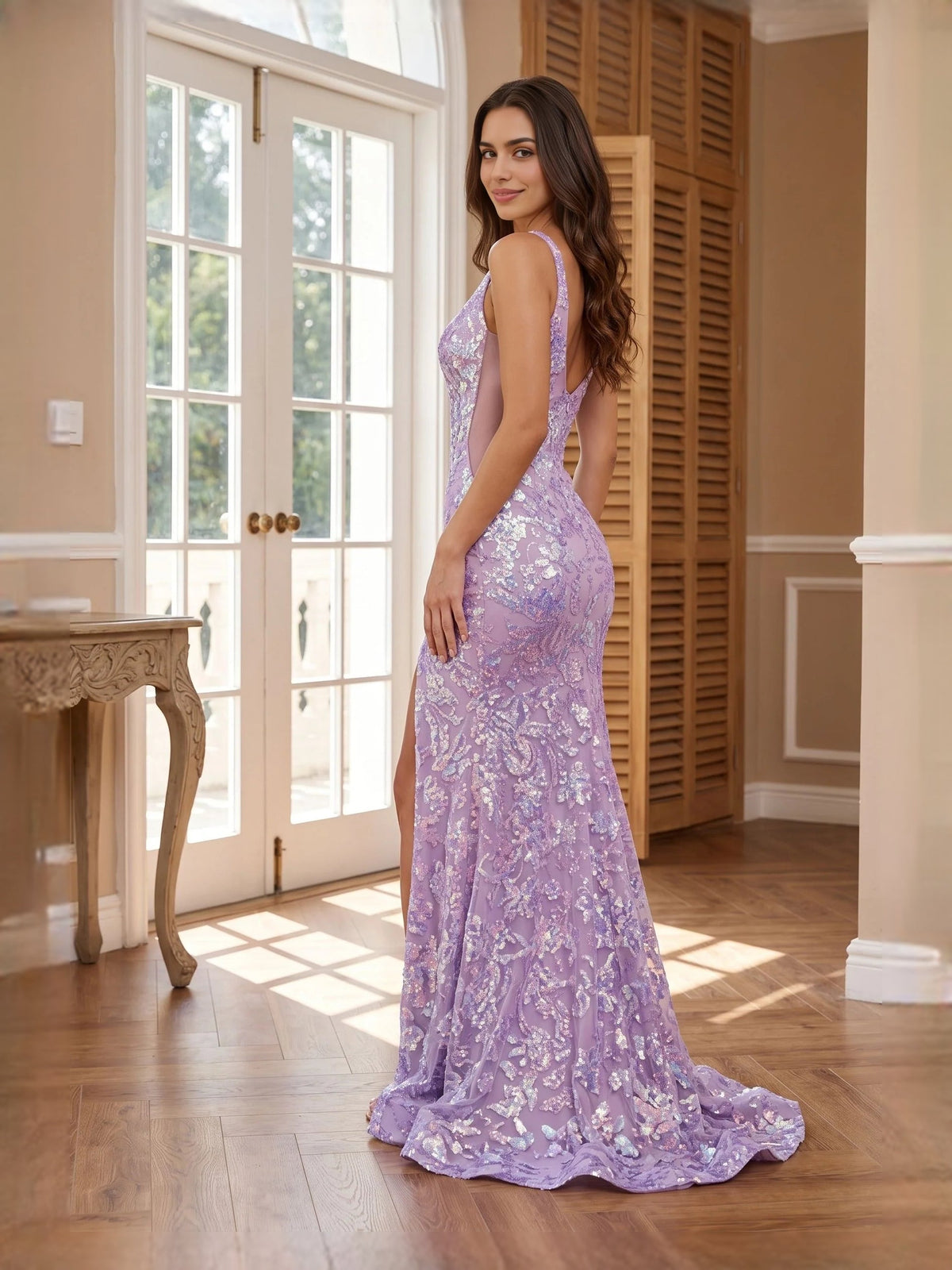 Lavender floral V-neck mermaid prom dress, floor-length with side slit