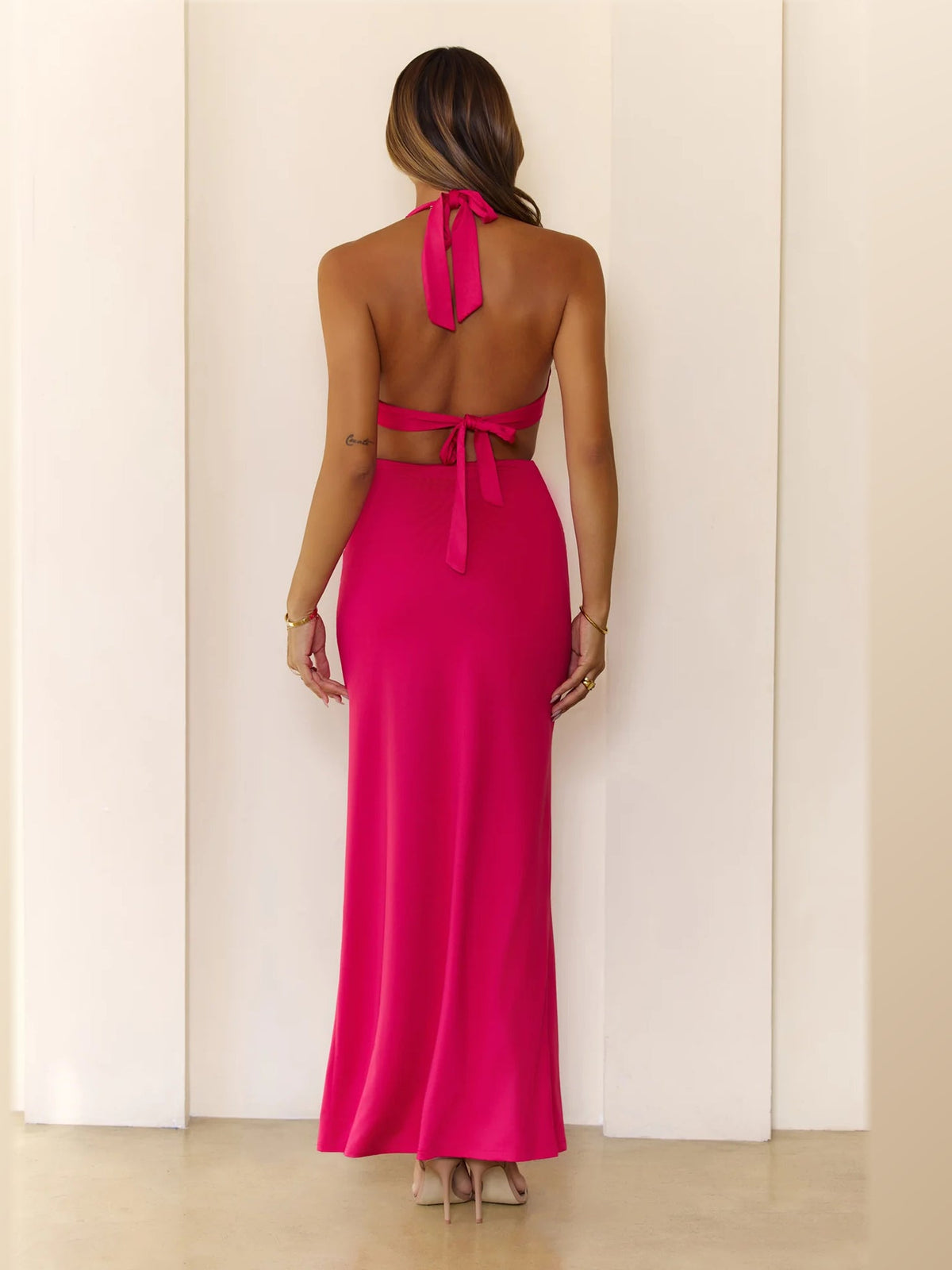 Pink maxi formal dress, back full-length view showing the bodice