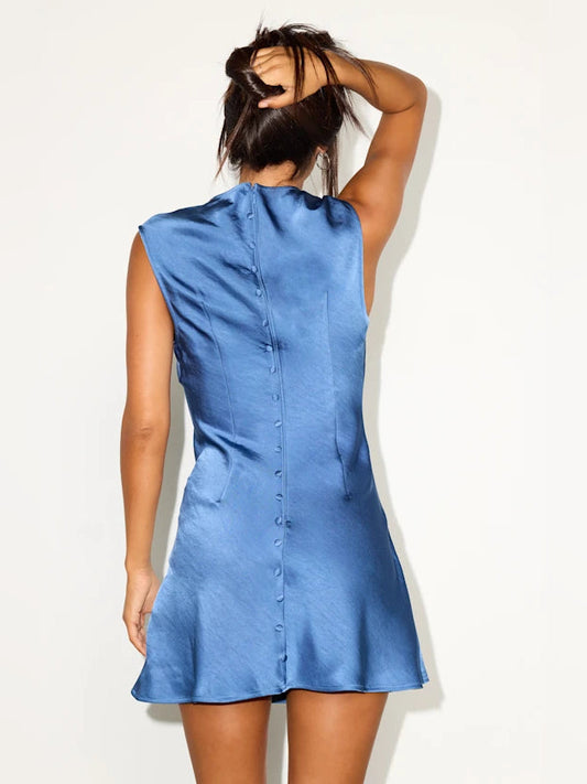 Slate blue satin sleeveless mini dress, back button placket and flared hem