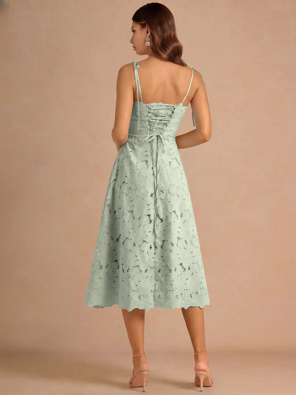Dusty sage floral A-line midi dress with lace-up corset back and spaghetti straps