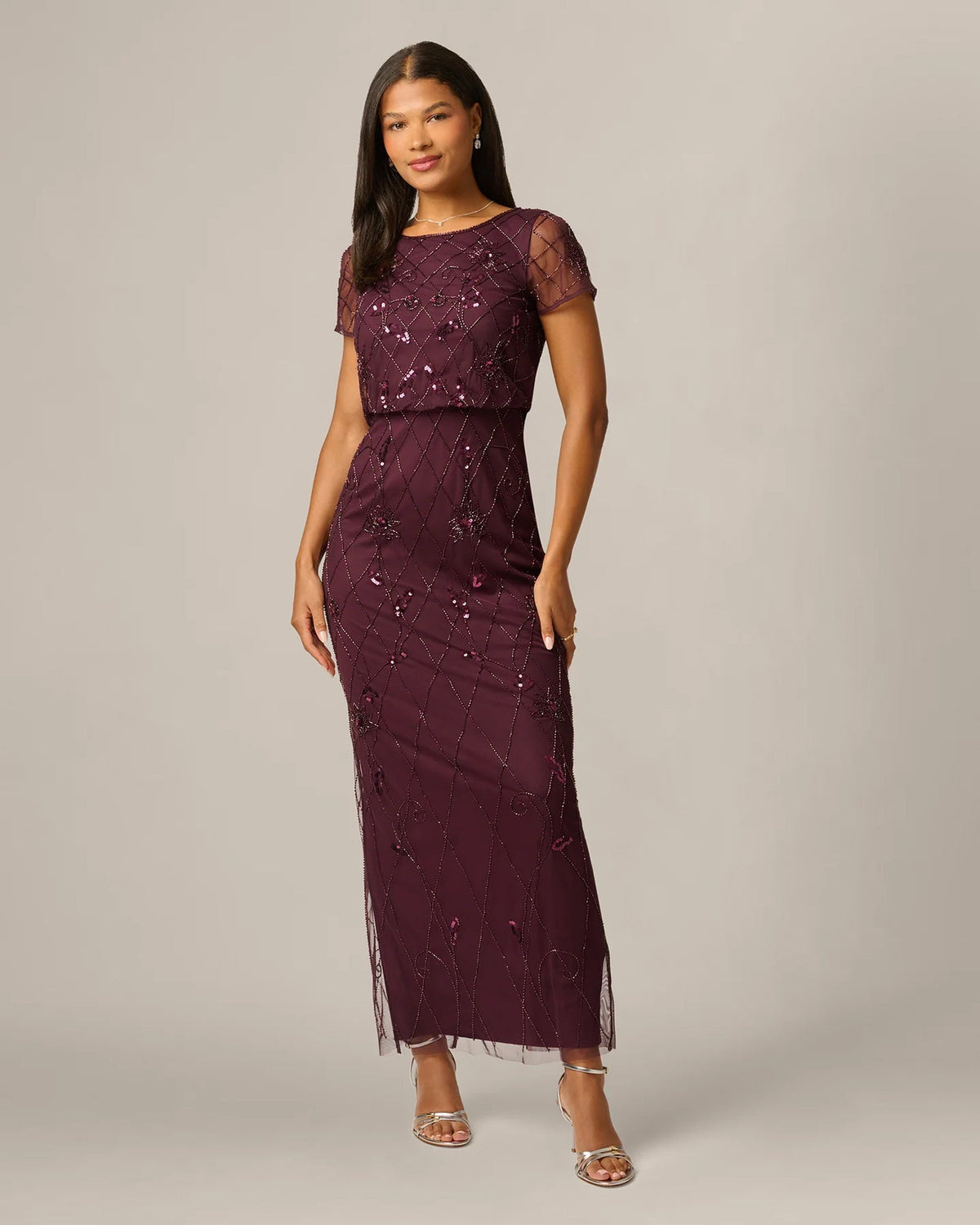 Night plum sequin A-line maxi dress with short sleeves and defined waist