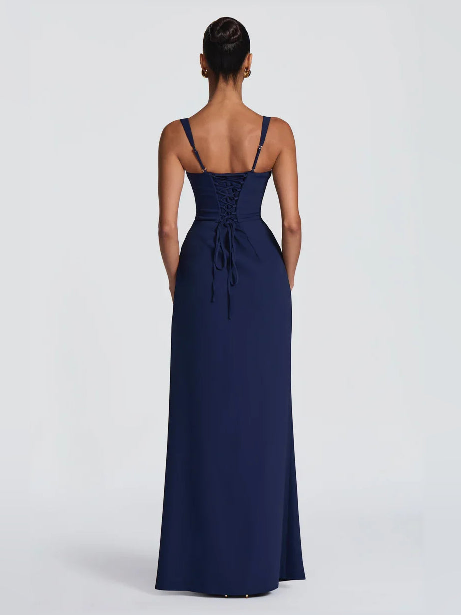 Dark navy backless square-neck formal dress with ruched waist and draped skirt