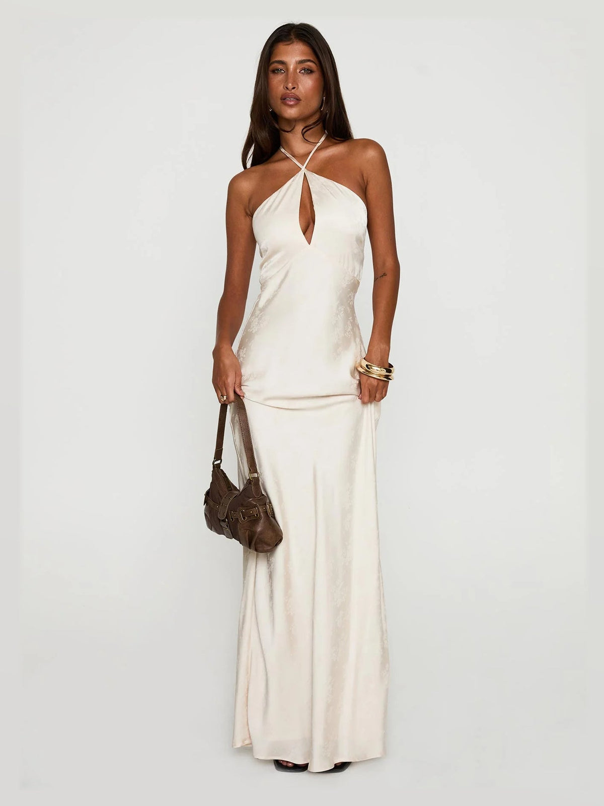 Champagne formal dress with halter neck neckline