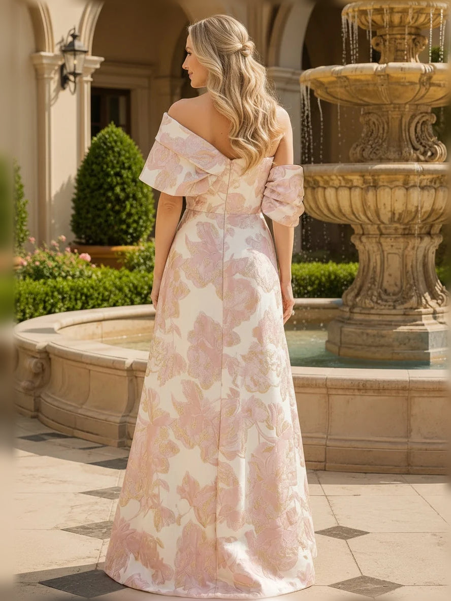 Ivory/pink floral off-shoulder A-line floor dress, draped back detail